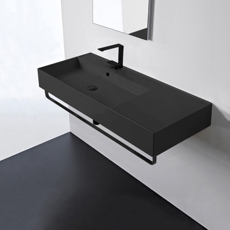 Scarabeo 5119-49-TB-BLK-One Hole Matte Black Wall Mounted Sink, Matte Black Towel Bar Included